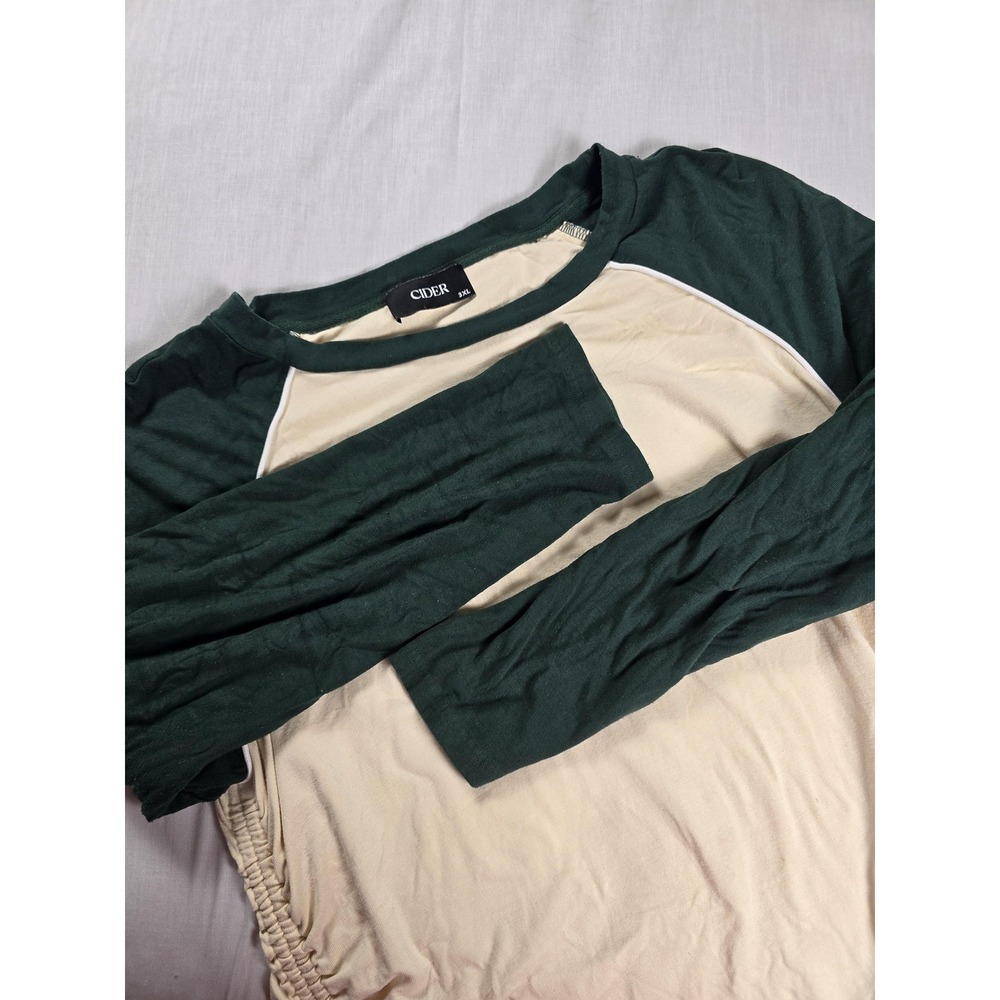Cider Shirt Womens 3XL Green Cream Long Sleeve Side Ruched Drawstring Casual Top